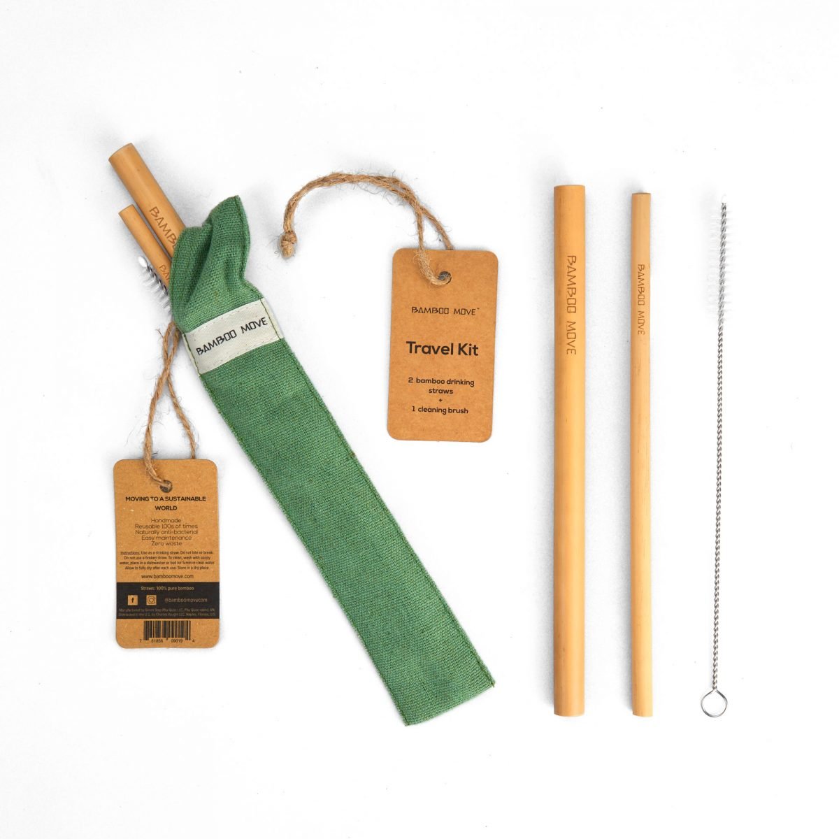 Bamboo Move Travel Kit - 2 bamboo straws in a fabric pouch